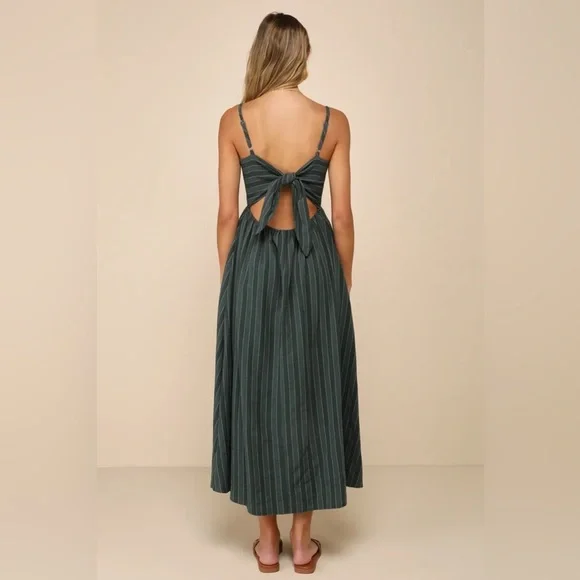 Lulus Feeling the Best Green Striped Tie-Back Midi Dress with Pockets - Picture 3 of 7